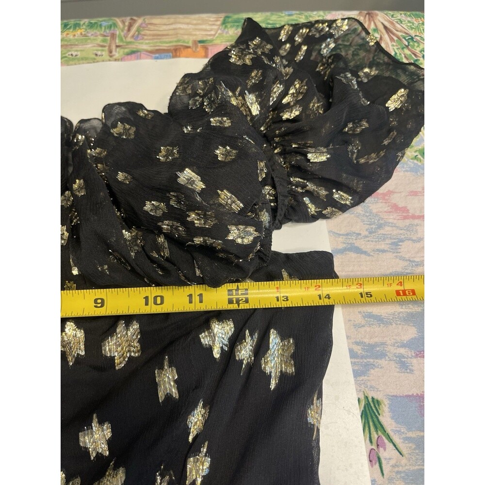 LoveShackFancy Black Silk Gold Metallic Star Maxi Off Shoulder Chiffon Dress 2 - Picture 11 of 16